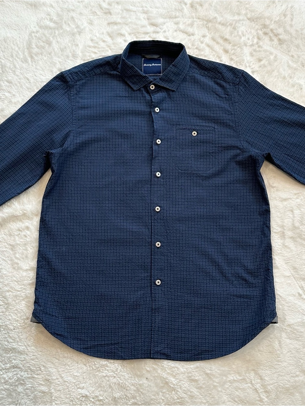 Tommy Bahama Silk Cotton Grid Check Long Sleeve Shirt Mens Medium Navy M Marlin